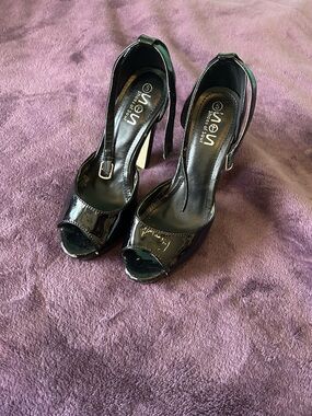 Patent Black Peep-Toe Ankle-Strap Heels